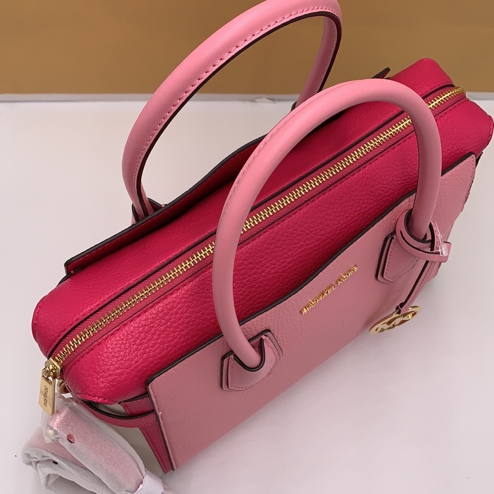 MICHAEL KORS Mercer Md Top ZipColor-Block Belted Satchel Crossbody Purse El Pink - Picture 9 of 16